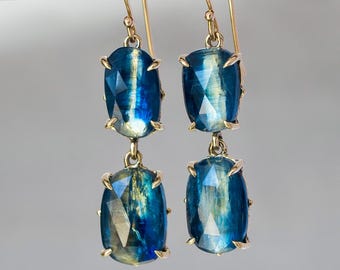 14k Gold Kyanite Dangle Earrings: Bicolor Blue Gemstone Jewelry