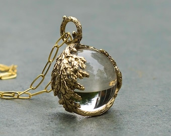 Quartz Crystal Orb Leaf Pendant: Brass, Silver or Gold - Fairycore Jewelry
