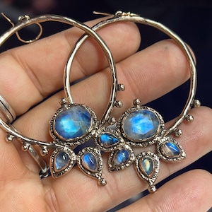 Blue Moonstone Lotus Hoops, Gold Hoop earrings, handmade, statement earrings, gift for her, unique gift, bronze, sterling silver, ear wires image 5