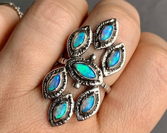Handmade Marquise Australian Opal Ring: Sterling Silver Statement Jewelry
