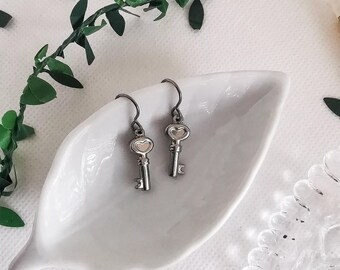 Hypoallergenic Dainty Key Earrings • Titanium / Niobium / Surgical Steel ear wires • Waterproof • Non tarnish jewelry