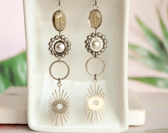 Niobium Dangle Sun Earrings With Swarovski Pearls • Silver