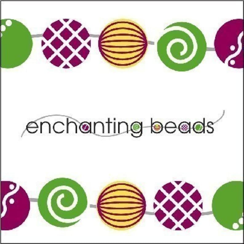 May include: A string of colorful beads with different patterns, including a green bead with a swirl, a purple bead with a grid pattern, and a yellow bead with stripes. The text "enchanting beads" is written below the beads.