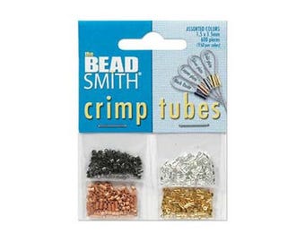 May include: A package of The Bead Smith crimp tubes in assorted colors. The package contains 600 pieces of 1.5 x 1.5mm crimp tubes in black, silver, copper, and gold.