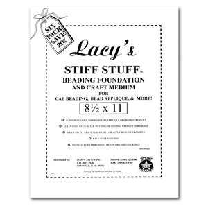 May include: A white sheet of Lacy's Stiff Stuff, a beading foundation and craft medium, with the dimensions 8.5 x 11 inches. The product is designed for cab beading, bead applique, and more. Includes text about its features and a "Six Pack Save 20%" tag.