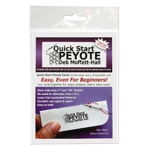 May include: A pack of Quick Start Peyote cards for beginners. The cards are made of smooth paper layers with a strong plastic core. The pack includes 6 cards in various sizes, including 15, 11, 8 seed, and cylinder/size 6 seed. The cards are designed to help beginners learn how to create peyote stitch projects.