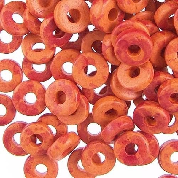 Greek 8mm Disk Beads 2.6mm Hole Orange Red 16036 Disc Beads, Narrow Beads, Spacer Beads, Large Hole Beads, Big Hole Beads, Ceramic Beads
