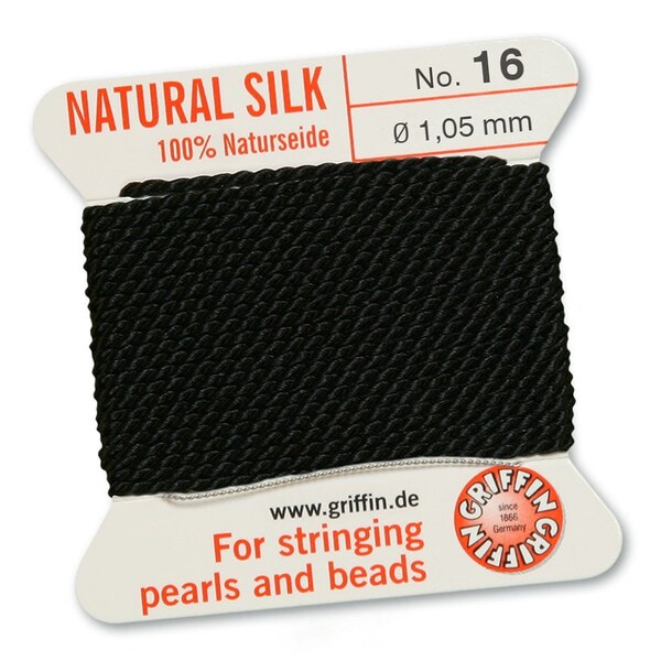 Griffin Silk Cord Size 16 1.05mm Black 43780 Pure Silk Cord, Silk Thread, Black Silk, Silk with Needle,