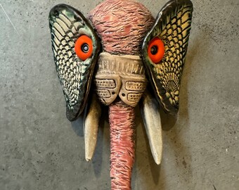 Elephant head, ceramic sculpture, wall hanging