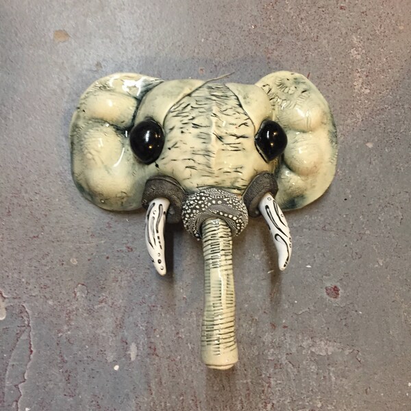 Ceramic elephant mask, wall hanging, faux taxidermy