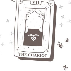 Może przedstawiać: Ilustracja karty tarota, "Rydwan", z odczytu tarota kariery. Karta ma kształt prostokąta z szczegółowym wzorem w odcieniach brązu i bieli, z rzymską cyfrą VII na górze. Dekoracyjne tło.