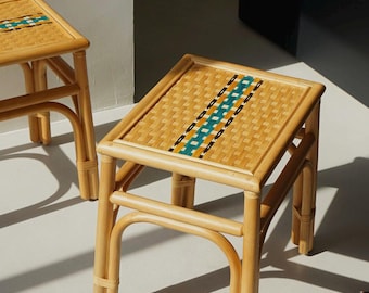 Handmade Bamboo Rattan Stool | Colourful Woven Seat, Boho Accent Chair