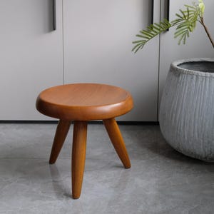May include: A small, round wooden stool with three legs. The stool is made of light brown wood and has a smooth, polished surface. The stool is a simple, minimalist design, suitable for various uses.
