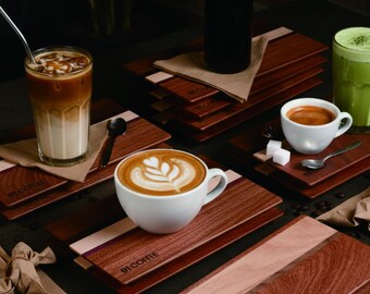 Custom Two-Tone Solid Wood Coffee Tray | Handmade Serving for Cafés, Coffee Lovers, Engravable