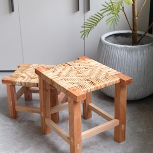 Woven Stool in Rattan | Rattan Stool | Woven stool | Hand-crafted Stool | Bedroom stool ｜Wooden stool｜ Bathroom Stool