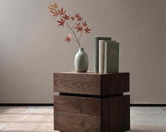 Minimalist Solid Wood Nightstand | Black Walnut or Cherry Bedside Table | Modern Japandi Side Table | Handmade Multi-tier Storage