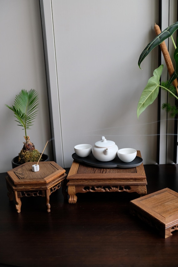 Hand-Carved Wenge Wood Display Stand: Chinese Tea Ceremony Decor