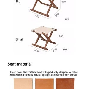 May include: Two wooden folding stools with leather seats. The larger stool measures 16.5 inches wide by 14.5 inches deep by 14.2 inches high. The smaller stool measures 11.8 inches wide by 10.6 inches deep by 10.2 inches high. The leather seat will gradually deepen in color, transitioning from its natural light pinkish hue to a soft brown.  The images show the leather seat in three stages: new, after one month of use, and after one year of use.