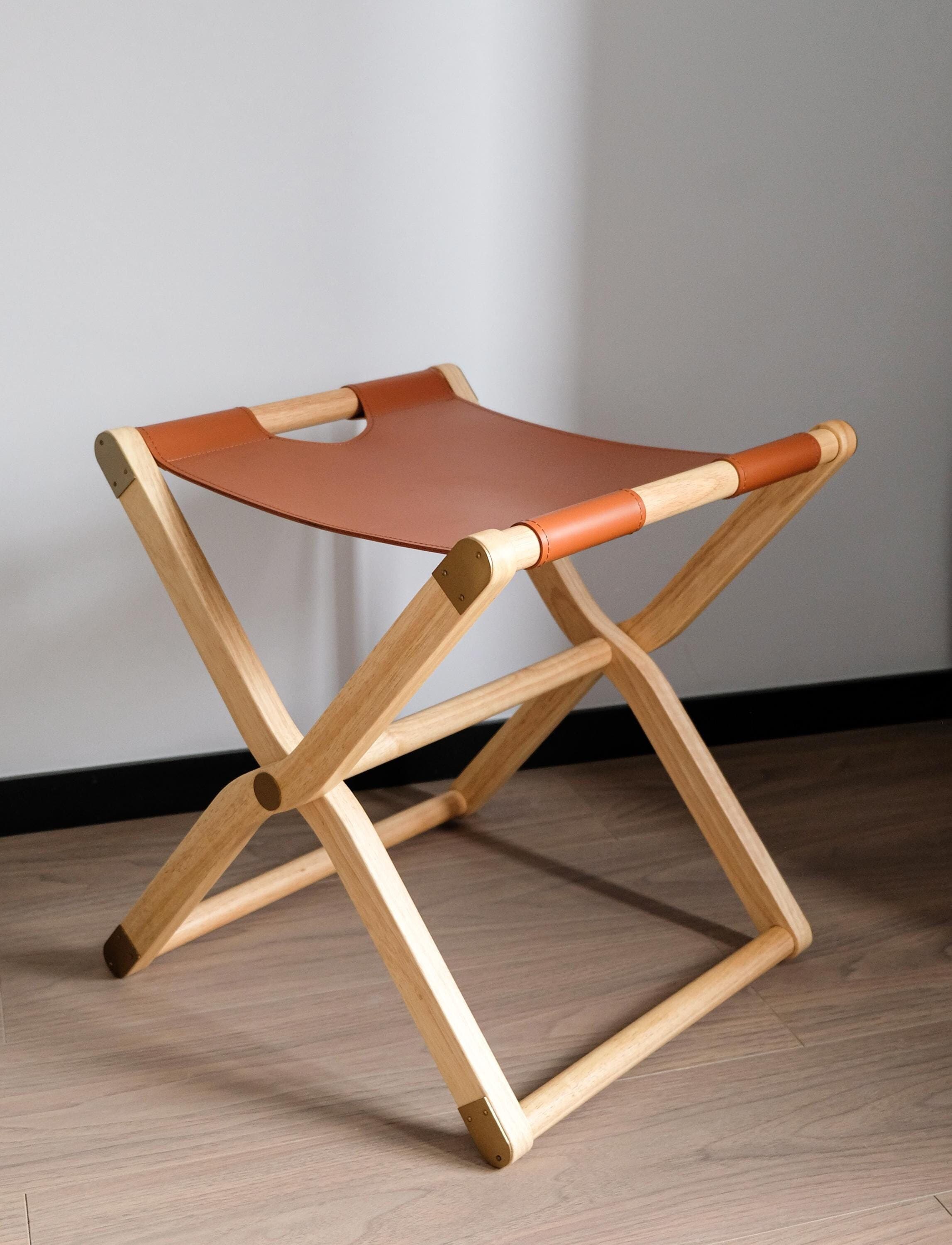 Brown Wood and Leather Portable Stool Brown Wood and Leather Portable Stool