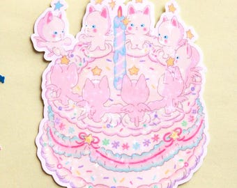 Angel Cat Cake Holographic Sticker: Kawaii Fairycore Journal Planner