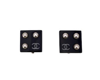 Authentic Chanel Vintage Black Square Small Studs Clip-On Earrings
