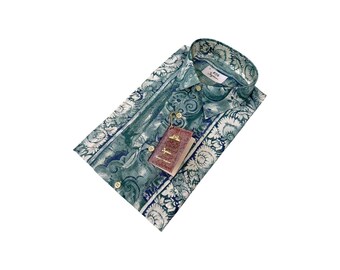 Authentiek Ingram vintage blauw sierlijk viscose herenshirt met scrollwork, maat S