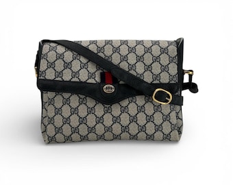 Auténtico bolso de hombro Gucci Vintage de lona Monogram azul con solapa Web