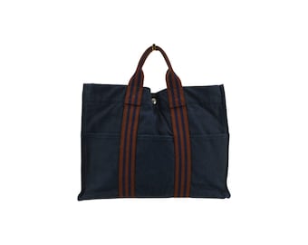 Authentique fourre tout MM en coton bleu et marron Hermes Paris vintage