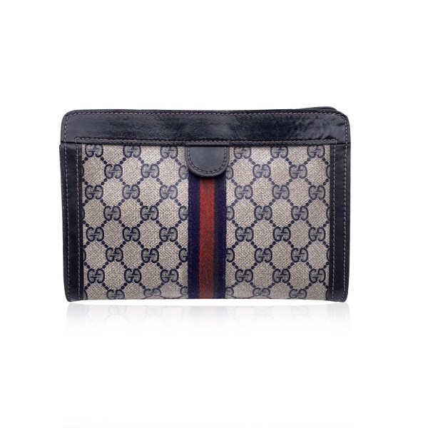 Authentic Gucci Vintage Blue Monogram Canvas Cosmetic Bag Small Clutch Stripes