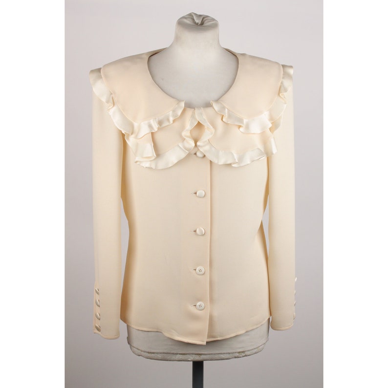 Authentic Valentino Vintage Ivory Silky Blazer Jacket with Ruffles Size 10