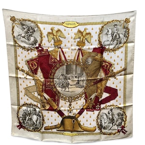 Authentic Hermes Vintage Beige Jacquard Silk Scarf Napoleon 1963 Ledoux