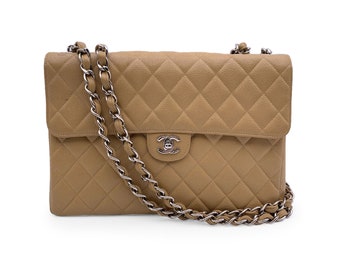 Authentic Chanel Vintage Beige Quilted Caviar Jumbo Timeless Classic Flap Bag