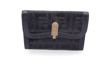 Authentique porte-monnaie vintage Fendi en toile monogrammée noire