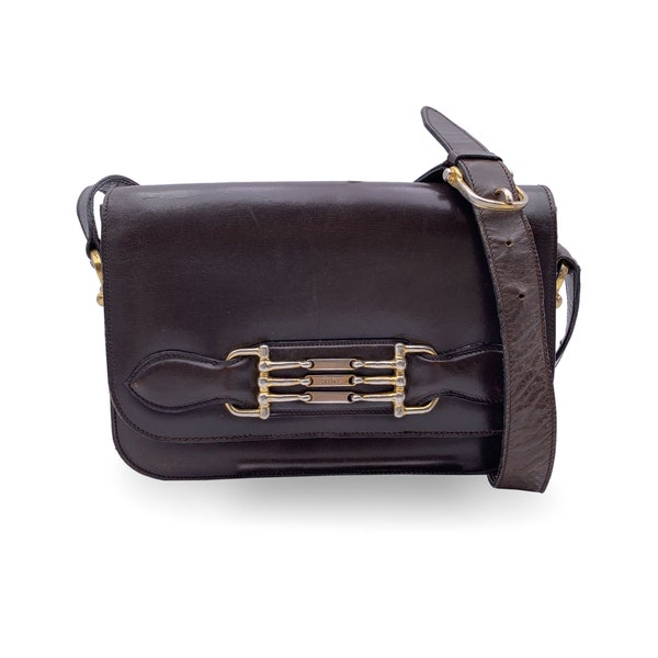 Authentic Celine Vintage Dark Brown Leather Box Flap Shoulder Bag