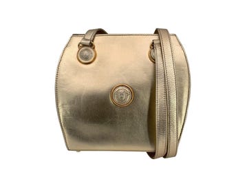 Authentic Gianni Versace Vintage Gold Leather Long Double Straps Shoulder Bag