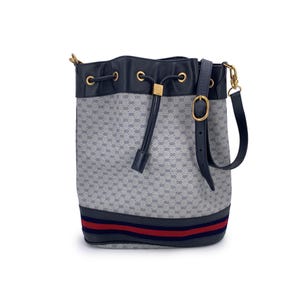 Authentic Gucci Vintage Blue Monogram Drawstring Bucket Bag with Stripes