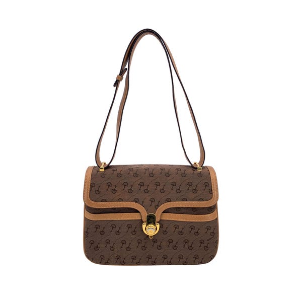 Authentische Gucci Vintage Brown Horsebit Muster Canvas Leder Umhängetasche