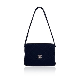 Authentic Chanel Vintage 90s Black Quilted Velvet Flap Shoulder Bag