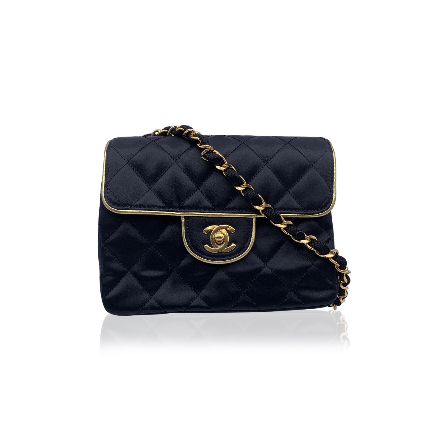 Authentic Chanel Vintage Black Quilted Satin Evening Shoulder 