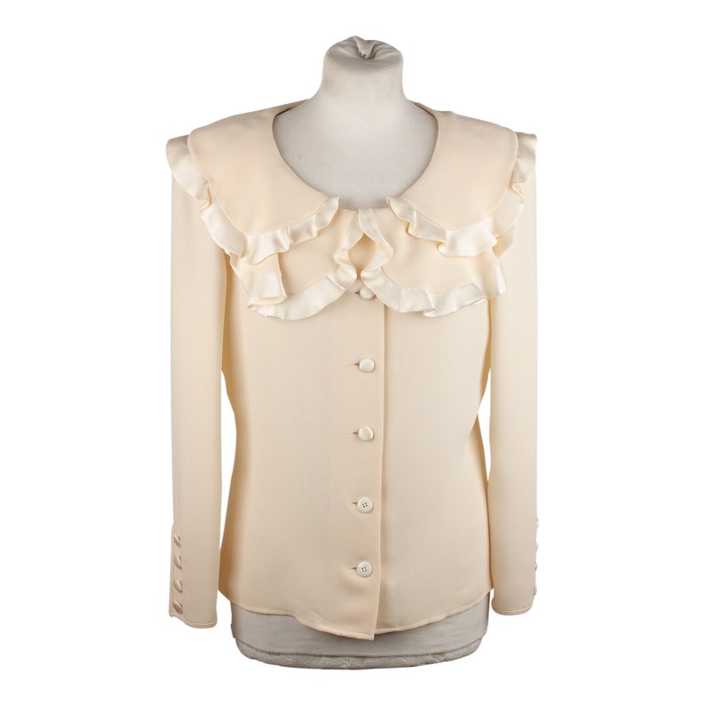 Authentic Valentino Vintage Ivory Silky Blazer Jacket with Ruffles Size 10