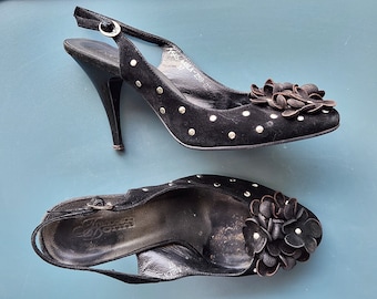 Francesco Donni Vintage Black Suede Heels, Floral Rivet Decor, EU 37
