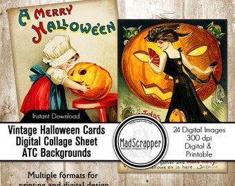 Vintage Halloween-kaarten, digitale collage, ATC ACEO-achtergronden (digitale download)