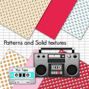May include: An illustration featuring a silver boombox and a cassette tape labeled "Mix Tape." The image includes various patterned and solid-colored paper textures, including polka dots, floral, and solid red. The text "Patterns and Solid textures" is displayed.