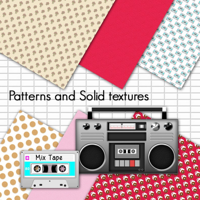 May include: An illustration featuring a silver boombox and a cassette tape labeled "Mix Tape." The image includes various patterned and solid-colored paper textures, including polka dots, floral, and solid red. The text "Patterns and Solid textures" is displayed.
