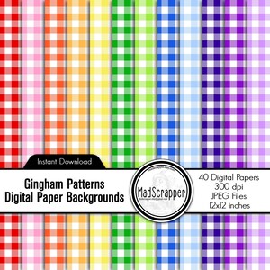 May include: A collection of digital paper backgrounds featuring various gingham patterns in a spectrum of colors, including red, pink, orange, yellow, green, blue, and purple. Each paper measures 12x12 inches. The image includes the text "Instant Download".