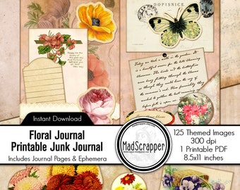 Floral Junk Journal Kit, Vintage Ephemera (Digital Download)