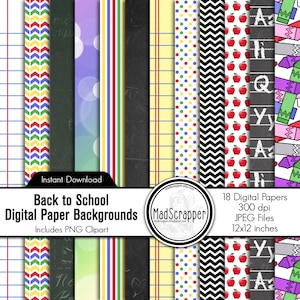 Digital Scrapbook Paper Back to School Digital Back to School Paper Backgrounds and Clipart Instant Download
