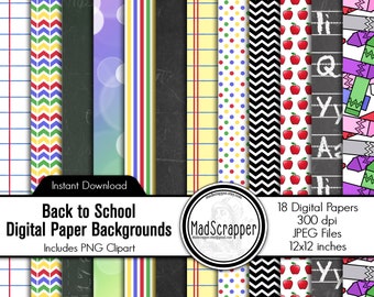 Digital Scrapbook Paper Back to School Digital Back to School Paper Backgrounds and Clipart Instant Download