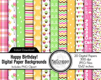 Birthday Scrapbook Paper: Pink and Green Paper Backgrounds and Clip Art (Digital Download)