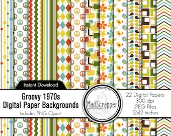 1970s Groovy Scrapbook Paper: Digital Retro 70s Paper Backgrounds and Clipart (Digital Download)